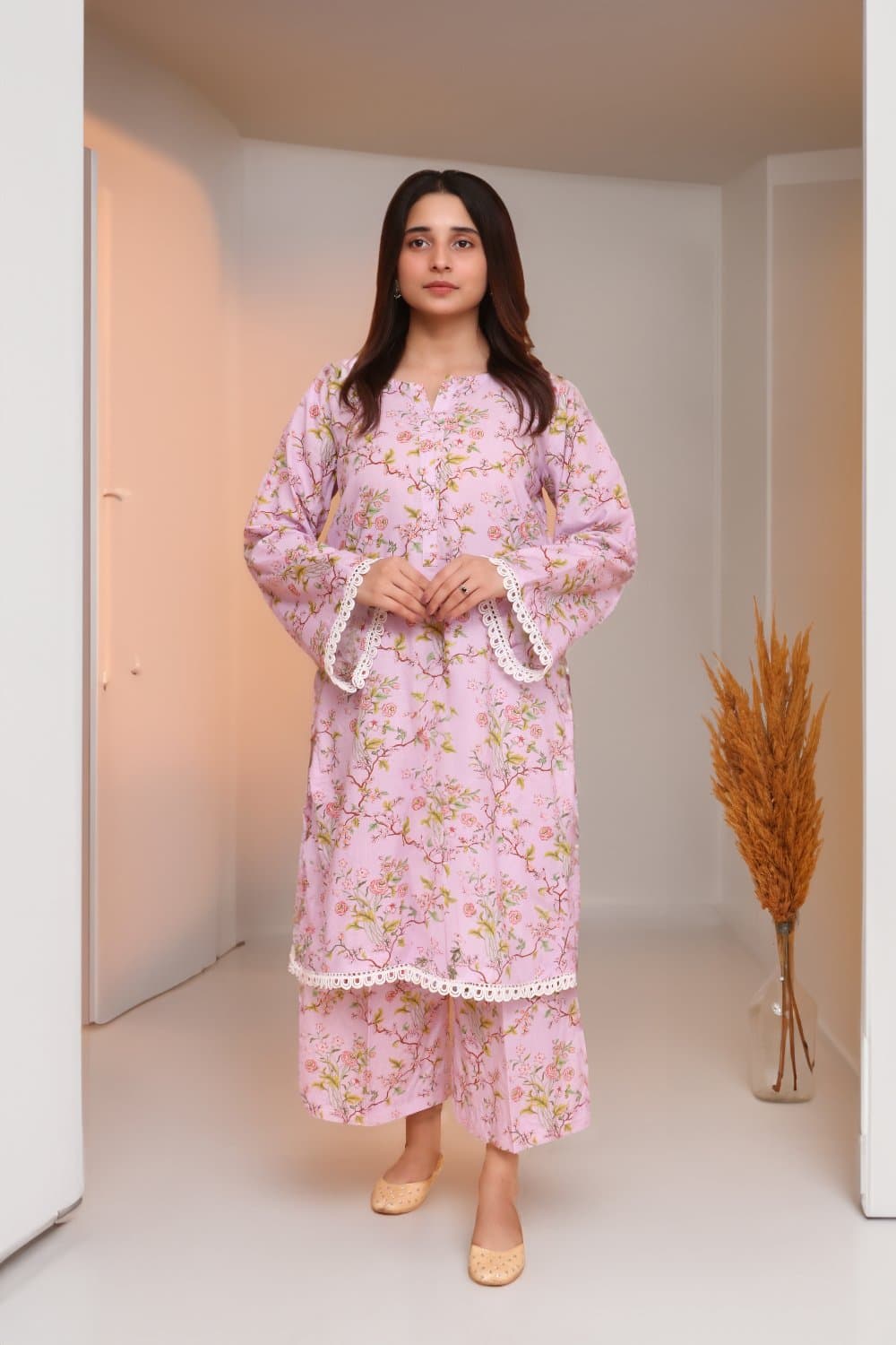 Womenswear editorial in a printed ensemble