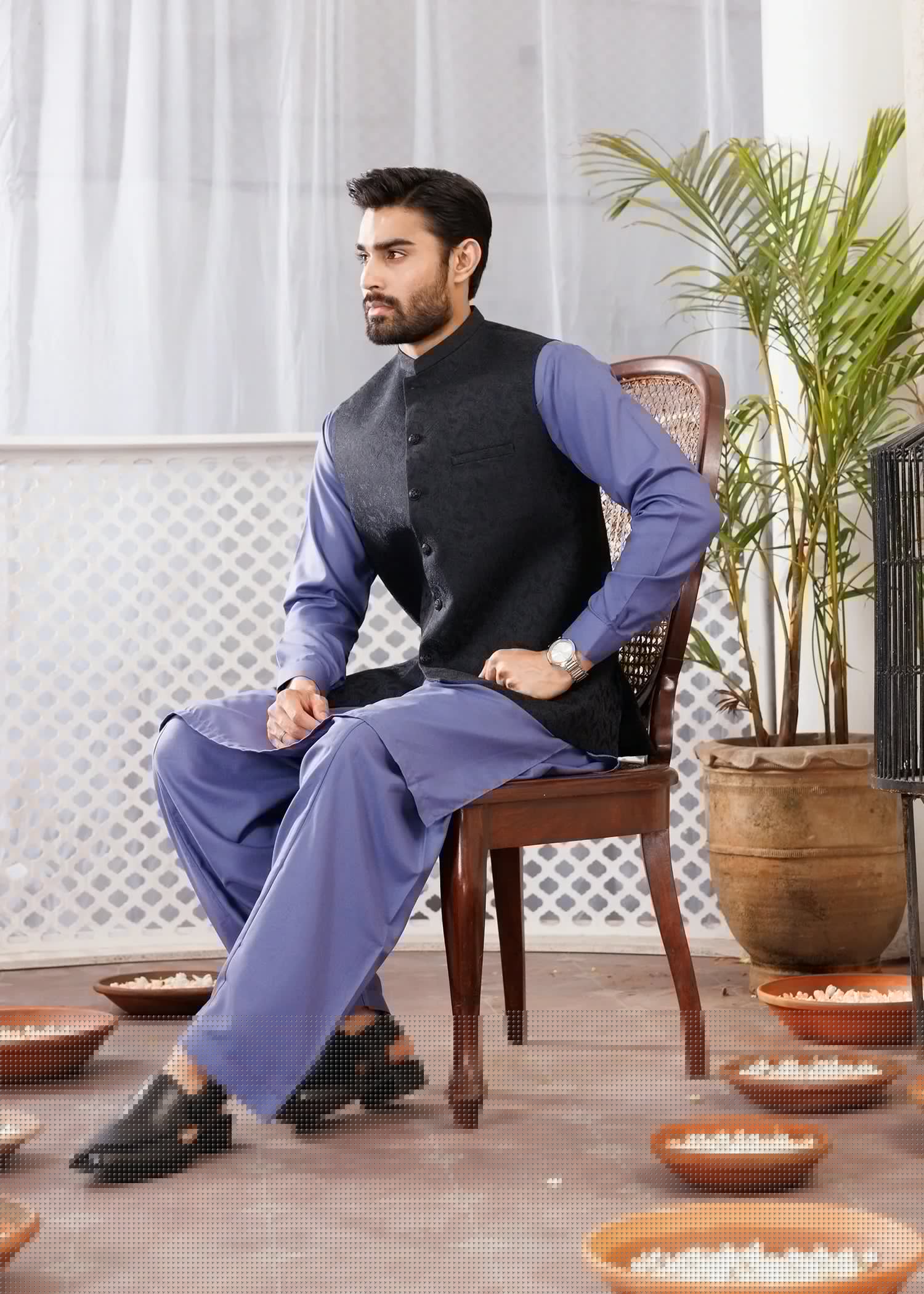 Menswear campaign frame styled on a heritage set
